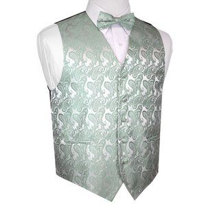 Men's Formal Wedding Prom Homecoming Tuxedo Vest Bow-Tie Hankie - Sage Paisley
